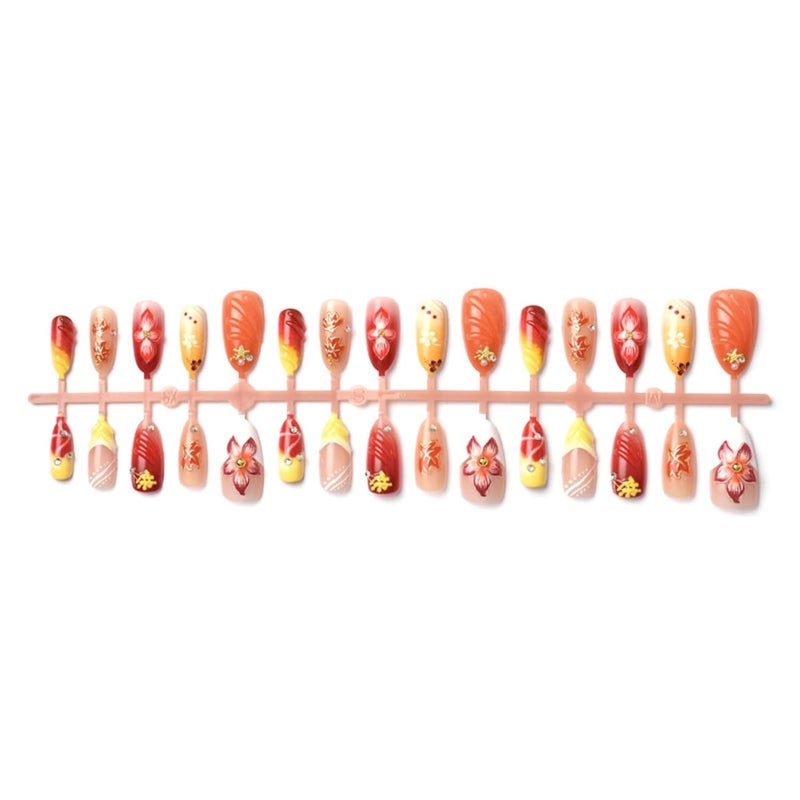 SEENEEY Fall Medium Press on Nails Almond Maple Leaves and Red Floral Stick on Nail for Women 30pcs - Image 3